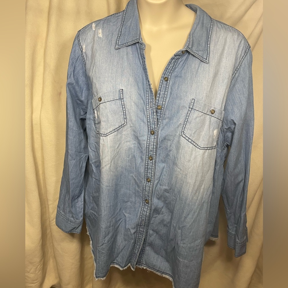 Lane Bryant size 28 heavyweight, distressed, frayed hem denim shirt.